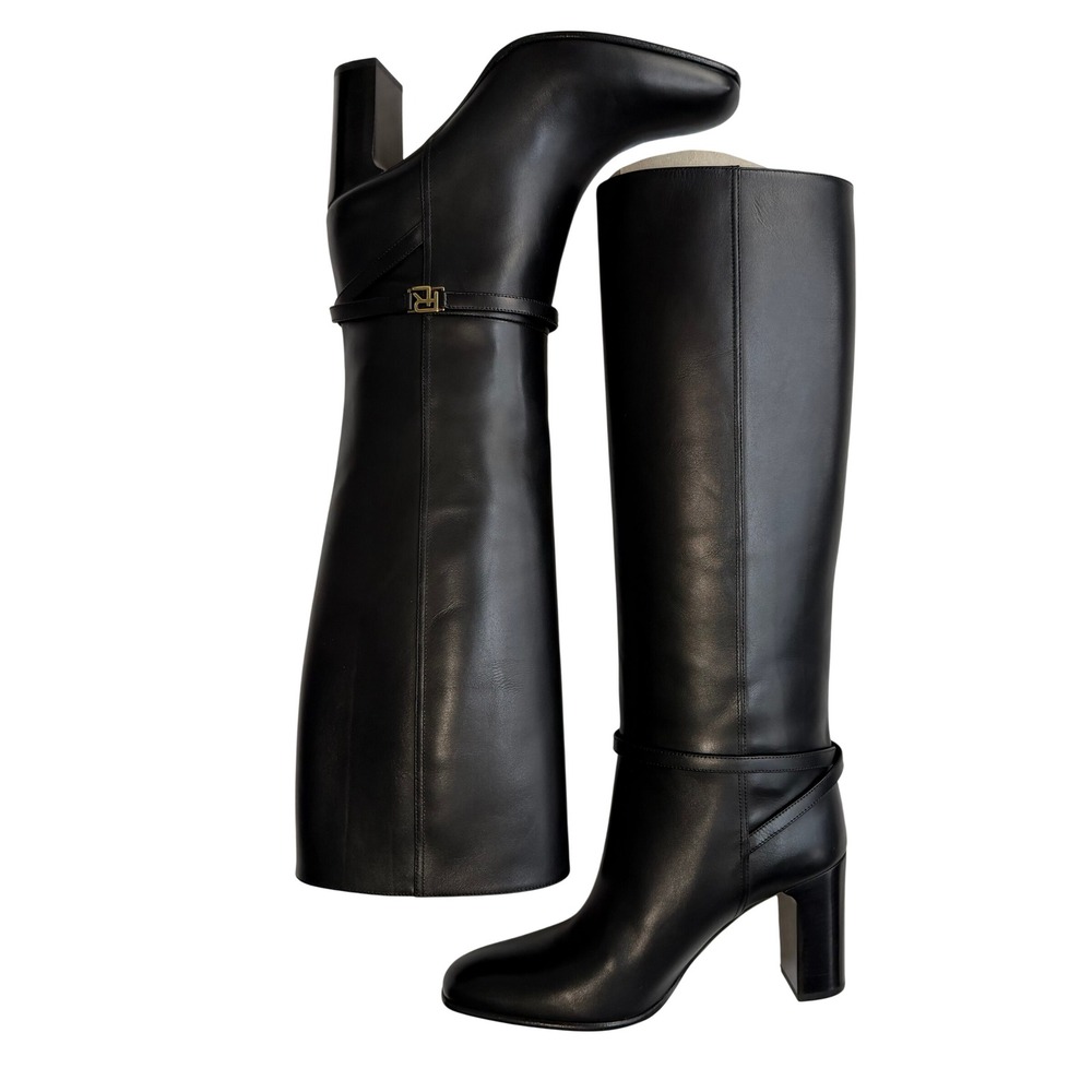 Ralph Lauren Purple Label Raygan Black Leather Knee High Block Heel Boots 39.5